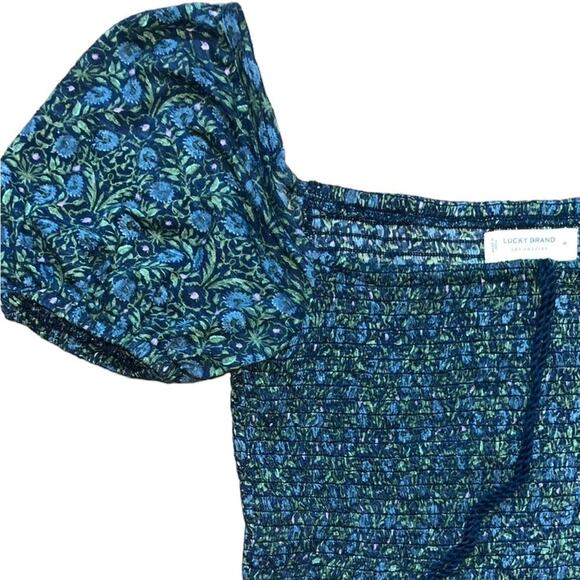 Lucky Brand Crop Top Smocked Womens Medium Navy Square Neck Off Shoulders Boho - Picture 3 of 9